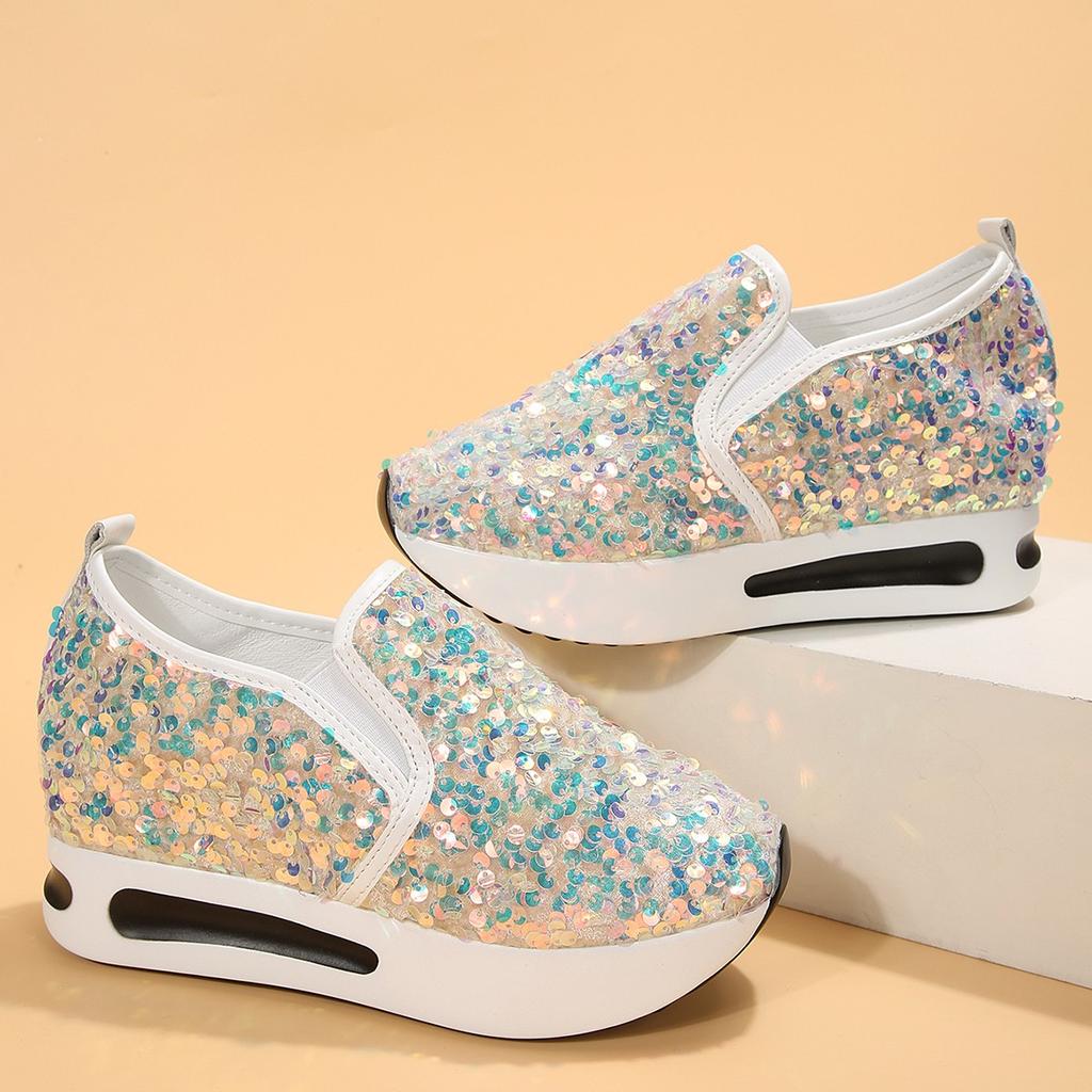 2024 Women's Sequins Platform Sneakers Loafers Casual Slip On Wedge Sports Shoes Fashion Sneakers Walking Trainers