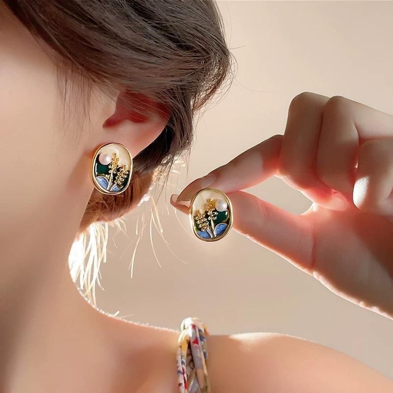 Серьги с масляной живописью, Универсальные аксессуары, Серьги-гвоздики с жемчугом и масляной живописью, Винтажные серьги в форме цветка one size