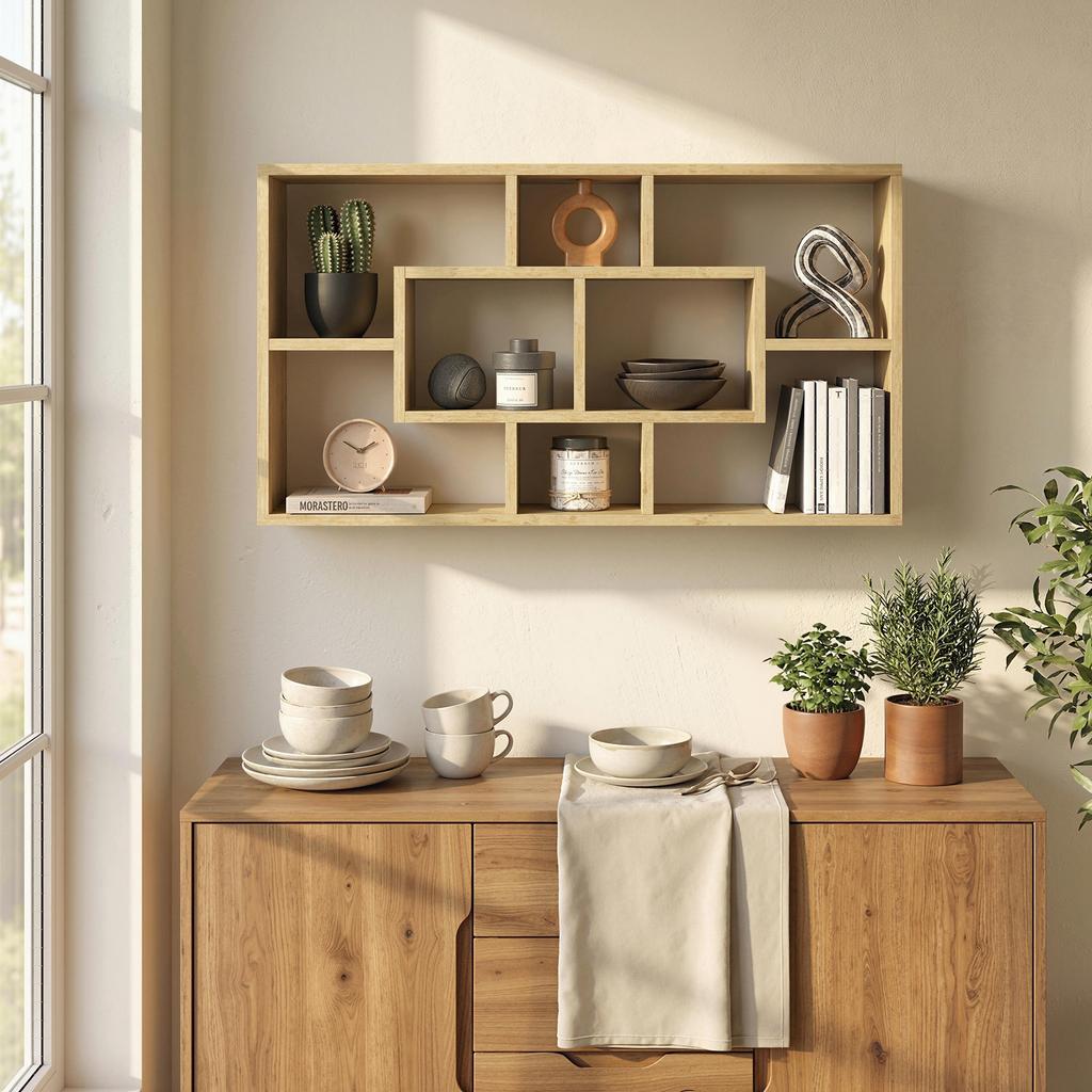 Decorative Wall Shelf, Bookshelf, CD Rack, 8 Cubes, 85 x 14.5 x 47.5 cm, Oak