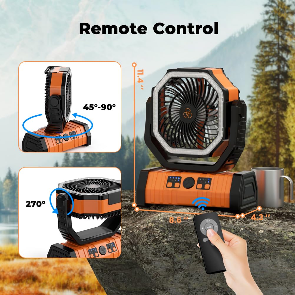 Camping Fan 20000mAh Battery Powered Fan Rechargeable with LED Light Portable Outdoor Tent Fan with Hanging Hook 4 Speeds Wind