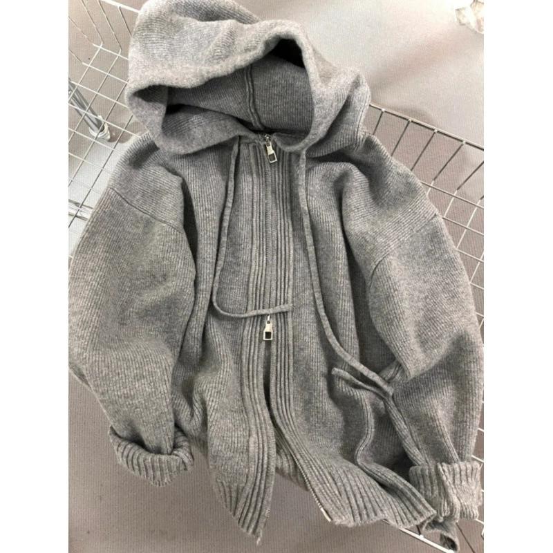 Hooded Sweater Jacket for Women, Loose Fit for Spring, Autumn, Winter, Casual Style, Thick Knit Double Zipper Sweatshirt, Cardigan
