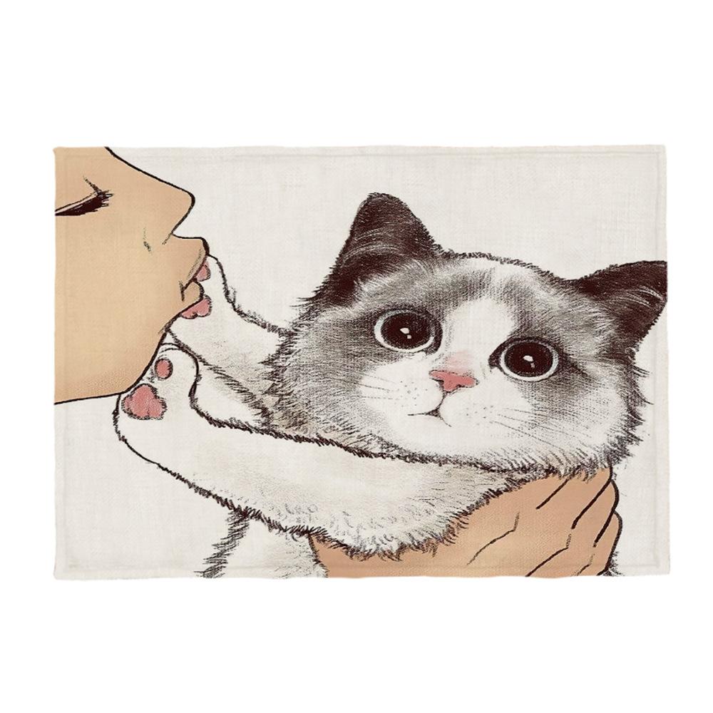 Kočičí lněná podložka na stůl Roztomilý odmítá políbit Prostírání s kresleným vzorem Dekorace na kuchyňský stůl Mat