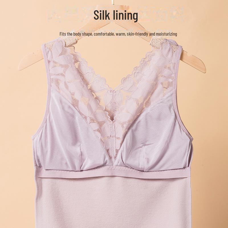 Women's Silk Warm Vest: Thickened Mulberry Silk, Brushed, Lace Top for Autumn/Winter