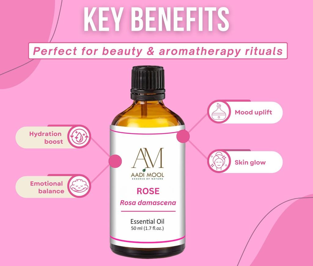 Aadi Mool Rose Essential Oil | Pack of 2 x 15ml | Pure & Natural Rose Oil for Skin Care, Face, Hair & Aromatherapy | Rose Oil for Diffuser, Massa