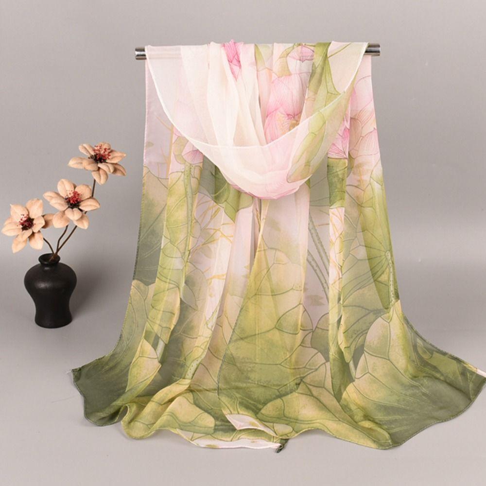 50*160cm Spring Summer Scarf Lotus Pattern Printed Scarves Trendy Silk Scarf  For Women Girls