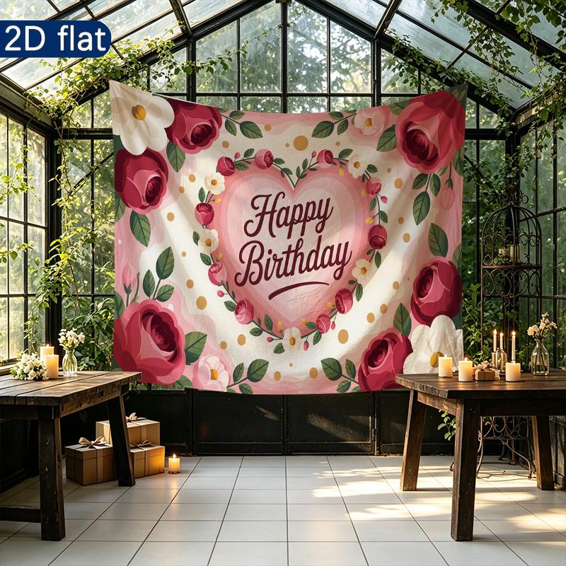 Birthday Party Roses Floral Gifts Banner, Pink Polyester Backdrop for Wall Hanging Decor