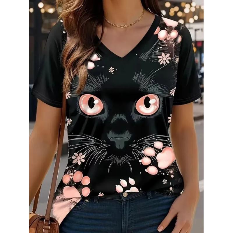 Fashion Women's V-Neck Short Sleeve 3D Flower Color Printing V-Neck Flower Short Sleeve