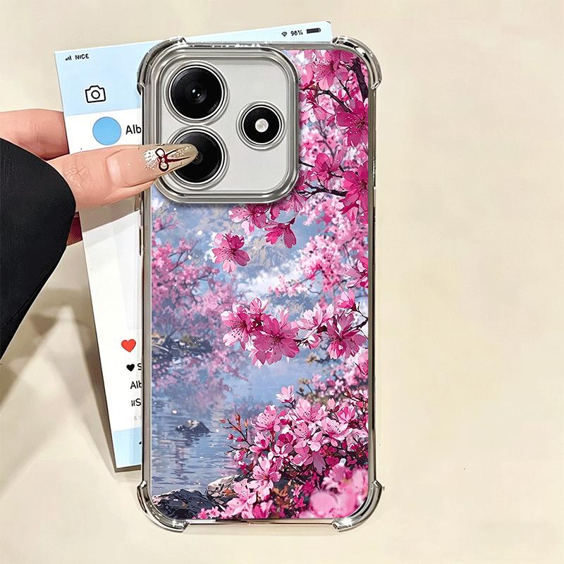 Dreamy Night Cherry Blossom Tree Plating Phone Case For Xiaomi Redmi Note 14 15 Pro Plus 13 12 11 11S 11T 10 9S 9 5G Anti-Fall A