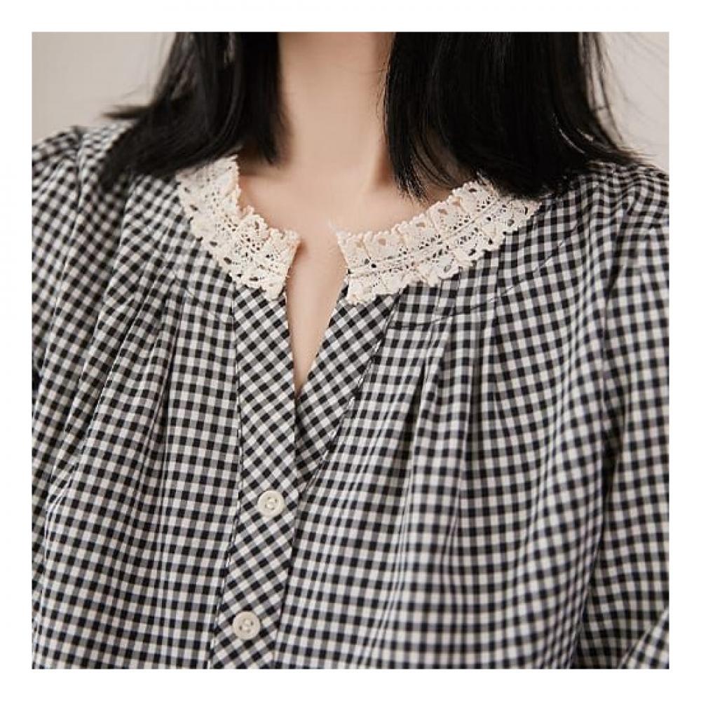 Navava Women Lace Check Long Sleeve Blouse Nb2001