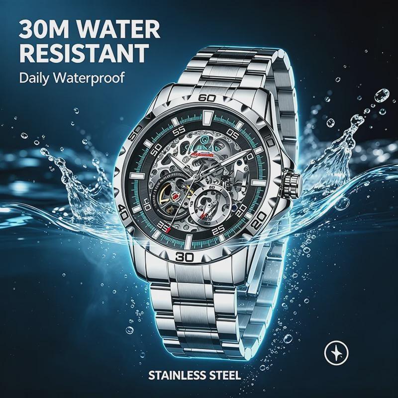 Man Steampunk Skeleton Fully Automatic Mechanical Watch Luminous Waterproof Stainless Steel Strap