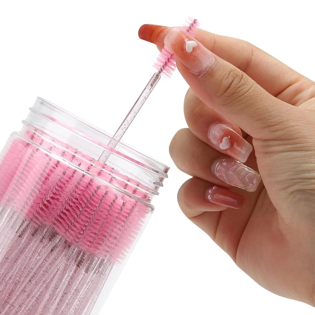 100 Pcs Disposable Mascara Wands & Crystal Eyebrow Spoolies Brush for Eyelash Extensions Pink Lash Brushes Container
