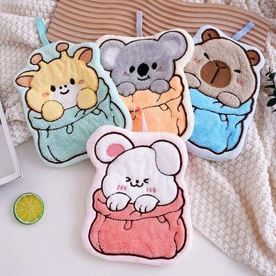 Ultra‑Soft Double‑Layer Thickened Coral Fleece Cartoon Hand Towel, Quick‑Dry Absorbent Hanging Towel for Kitchen & Bathroom