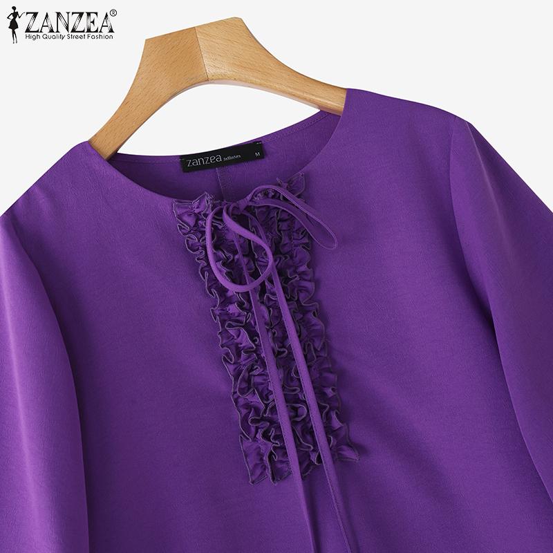ZANZEA Bluză casual de damă cu volane, mâneci 3/4 și talie legată