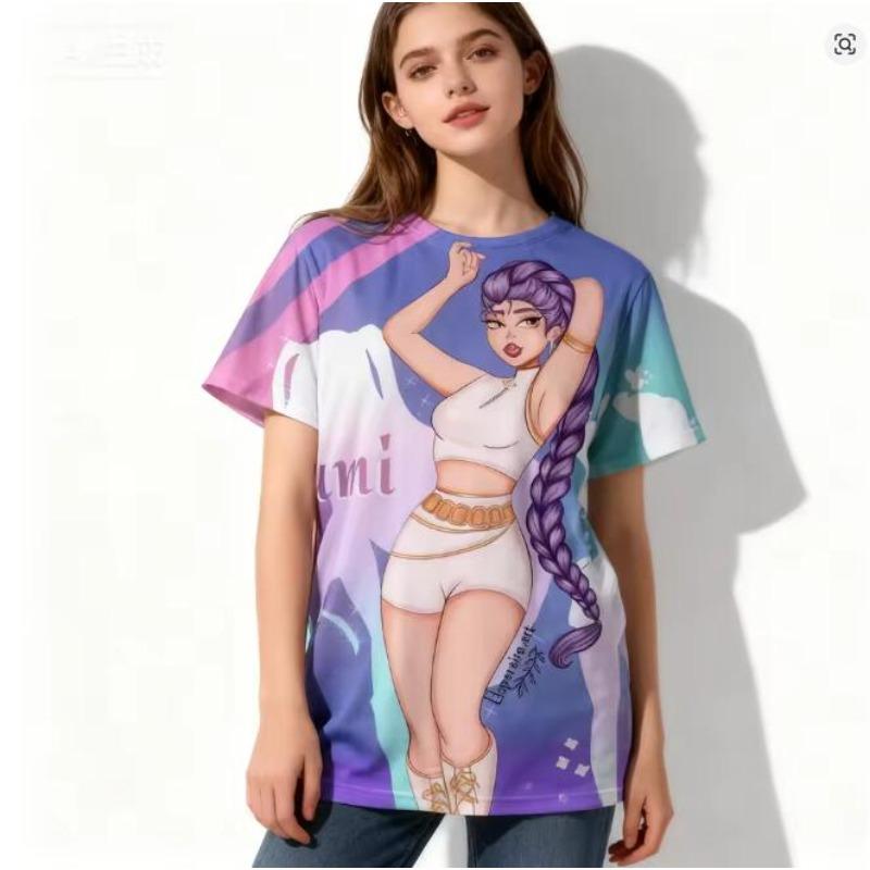 Women's Summer KPop Demon Hunters Graphic Tee Stylish Streetwear T-Shirt with Rum Mira Zoey Character Prints Trendy Casual