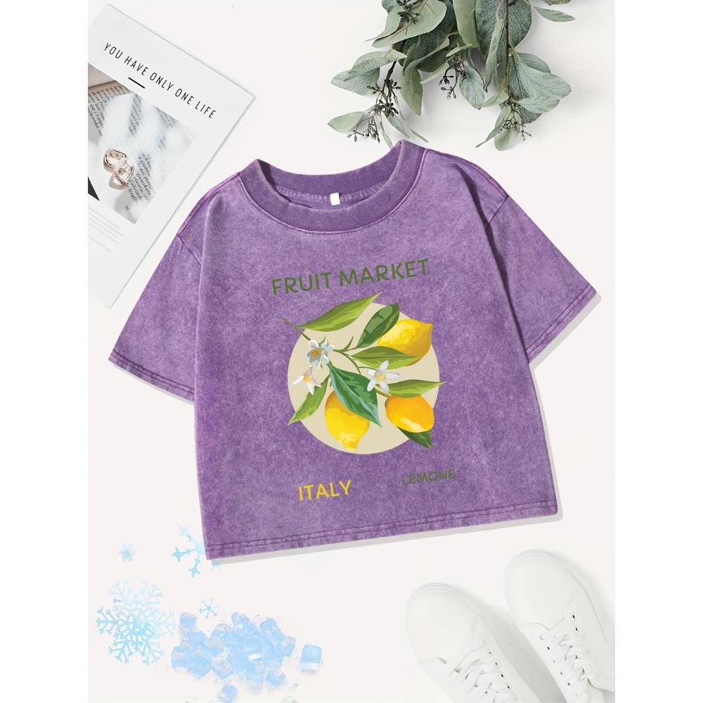 Sexy Cotton Crop Tops Womens Fruit Italy Lemone Prints Washed T-Shirts Summer Regular Fit O-Neck Streetwear Clothes
