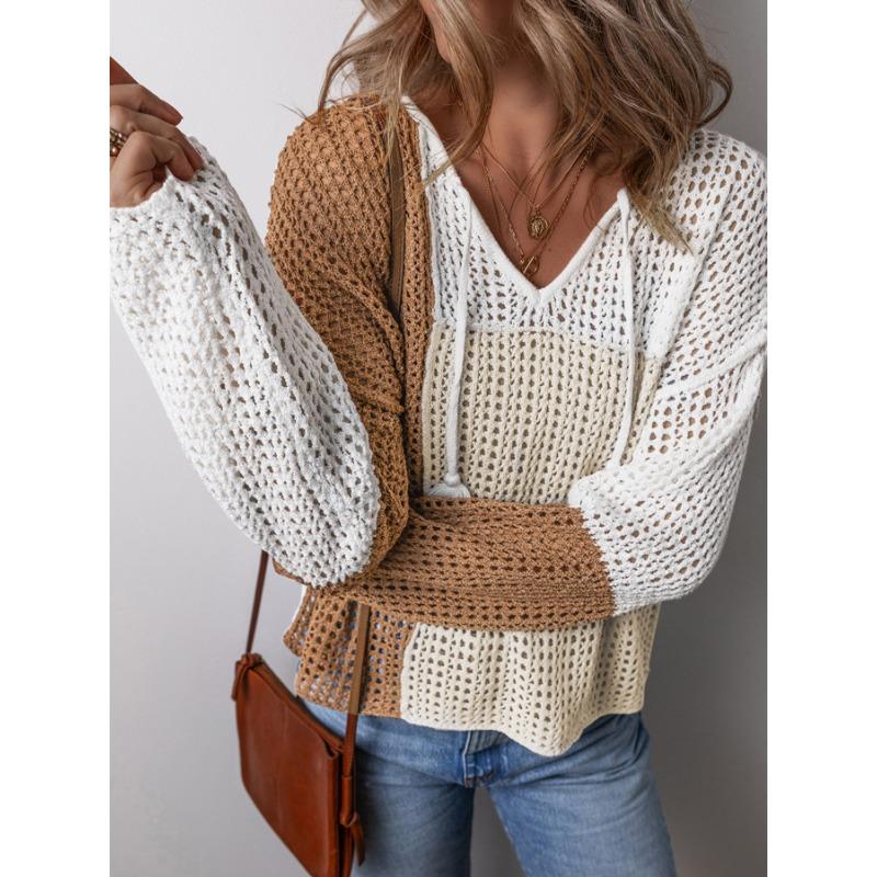 Nový podzimní top s výstřihem do V a dlouhým rukávem pro ženy, ležérní styl, barevně blokovaný dutý svetr pro ženy