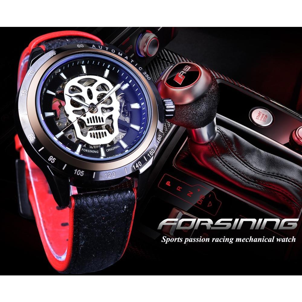 Forsining Men's Fashion Casual Glow-in-the-dark Skull Hollow Mechanical Watch Waterproof Automatic Mechanical Watch SLZe156-W