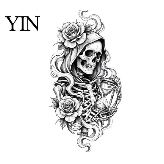 Autocolant de sticlă personalizabil Schelet și Trandafir Halloween Static Window Clings, Craniu Schiță Detașabil și Film Ușor de instalat Autocolant Floare, PVC Impermeabil