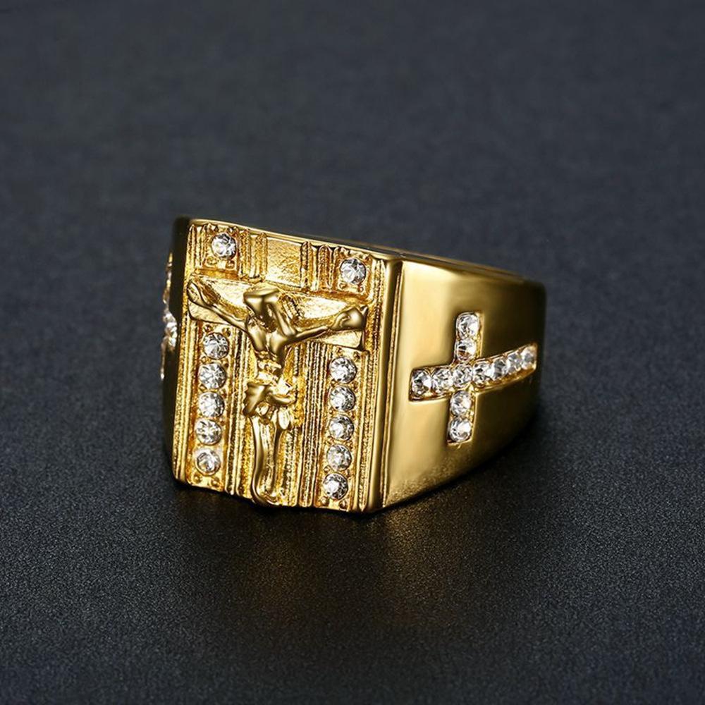 Hip Hop Iced Out Jesus Cross Ring Male Gold Color Stainless Steel Christian Rings For Women Men Religious Jewelry Anel Masculino