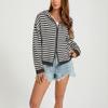 Women's Striped Casual Zip-Up Hooded Cardigan Sweater - Loose Fit Long Sleeve
