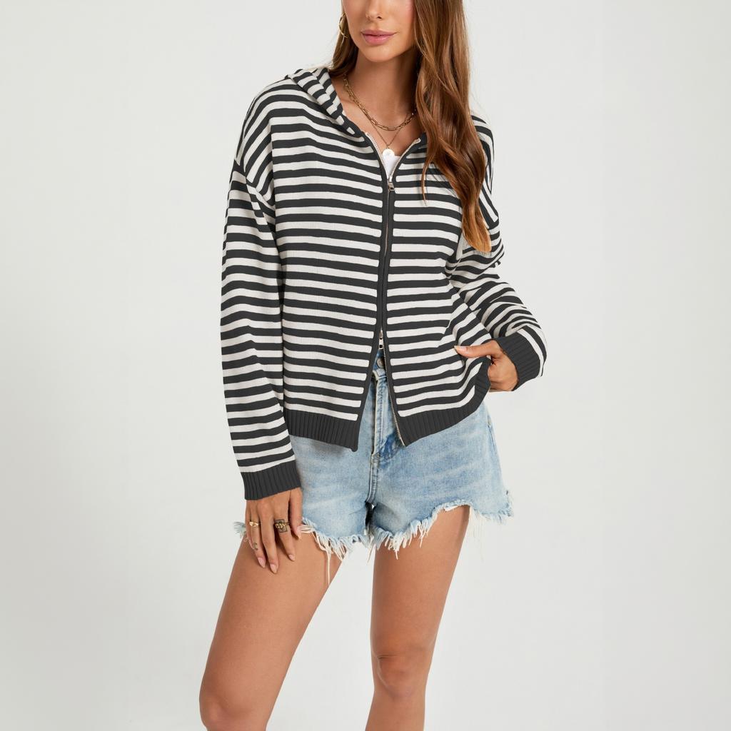 Women's Striped Casual Zip-Up Hooded Cardigan Sweater - Loose Fit Long Sleeve