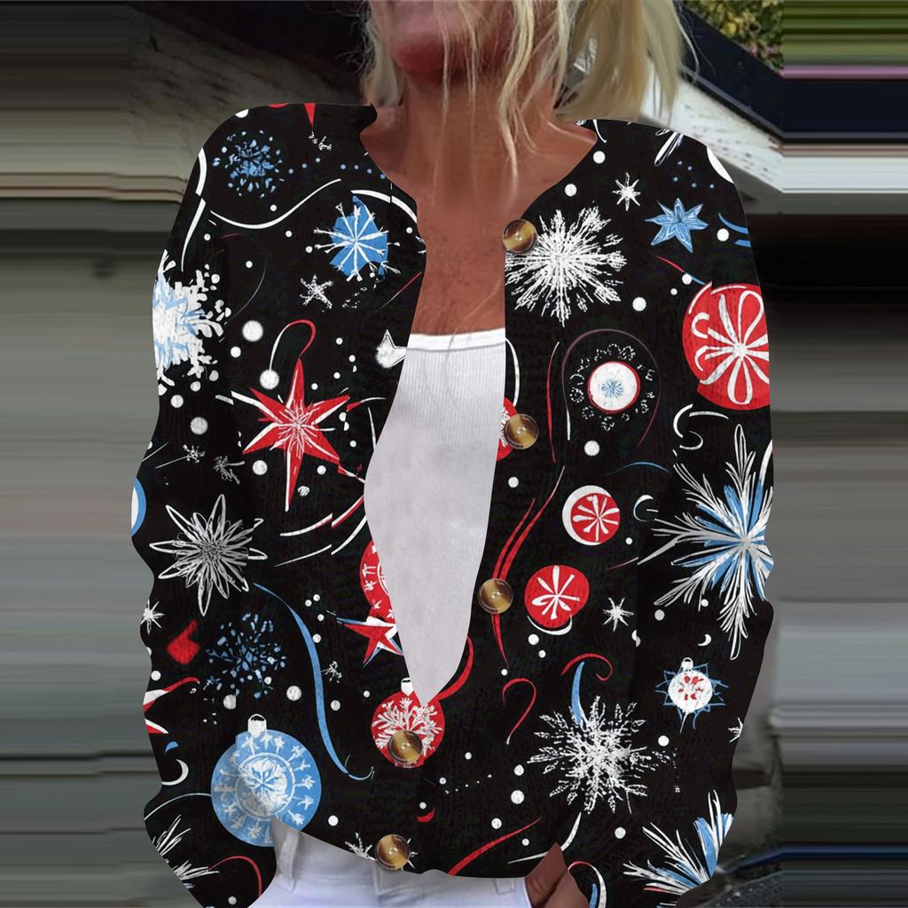 Women's Fashion Printed Long Sleeve Knitted Cardigan Button Down Jacket