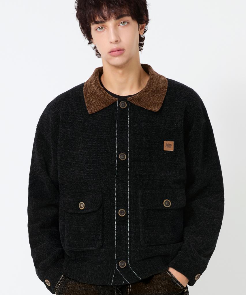 TRILLION Leather Patchwork Velvet Cardigan Knit_Black