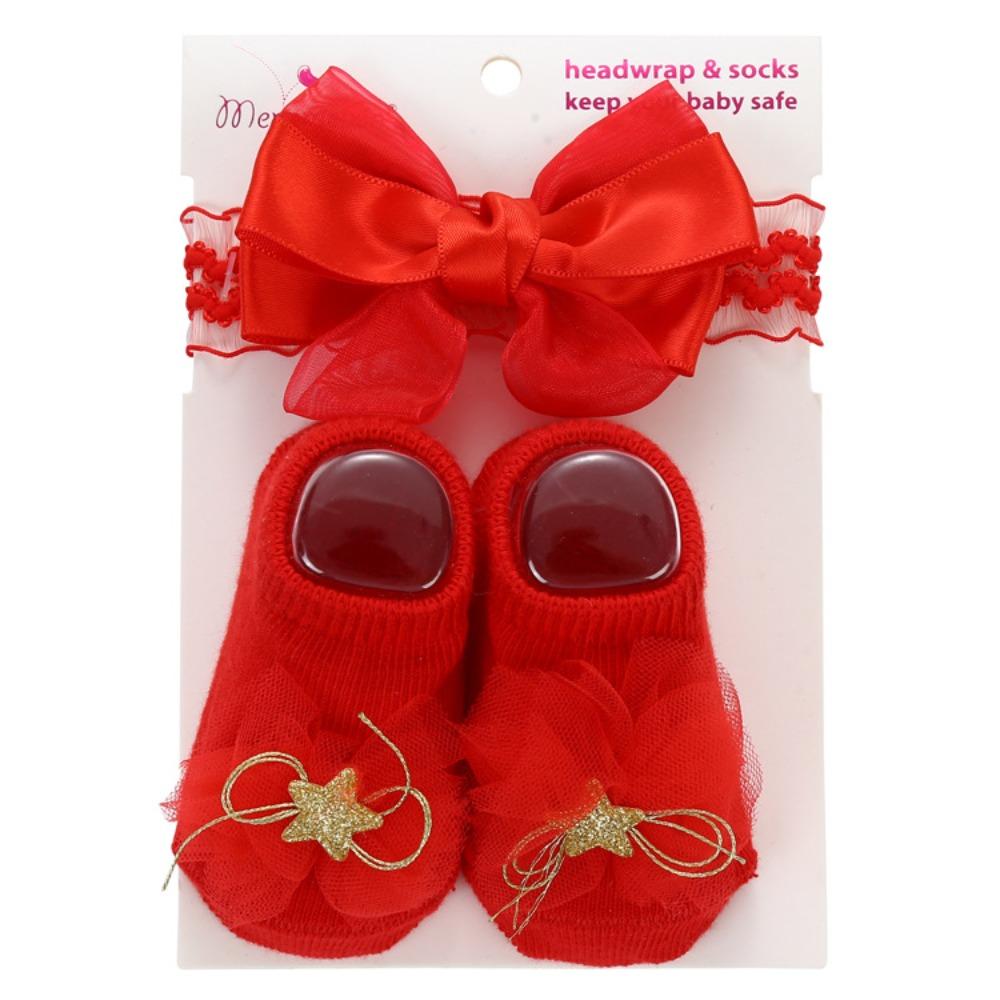 Tulle Baby Socks Set Cotton Blend Infant Socks Set New Baby Socks Headband Photo Props красный