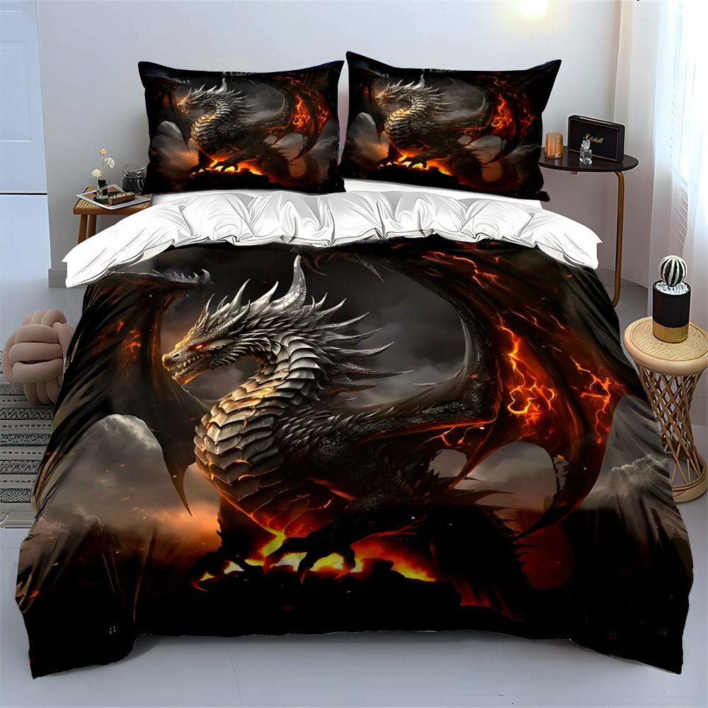 Silver dragon with flames. Bedding sets Duvet cover sets Duvet covers Pillowcases(1 * Duvet Cover 2 * Pillowcases without duvet insert)