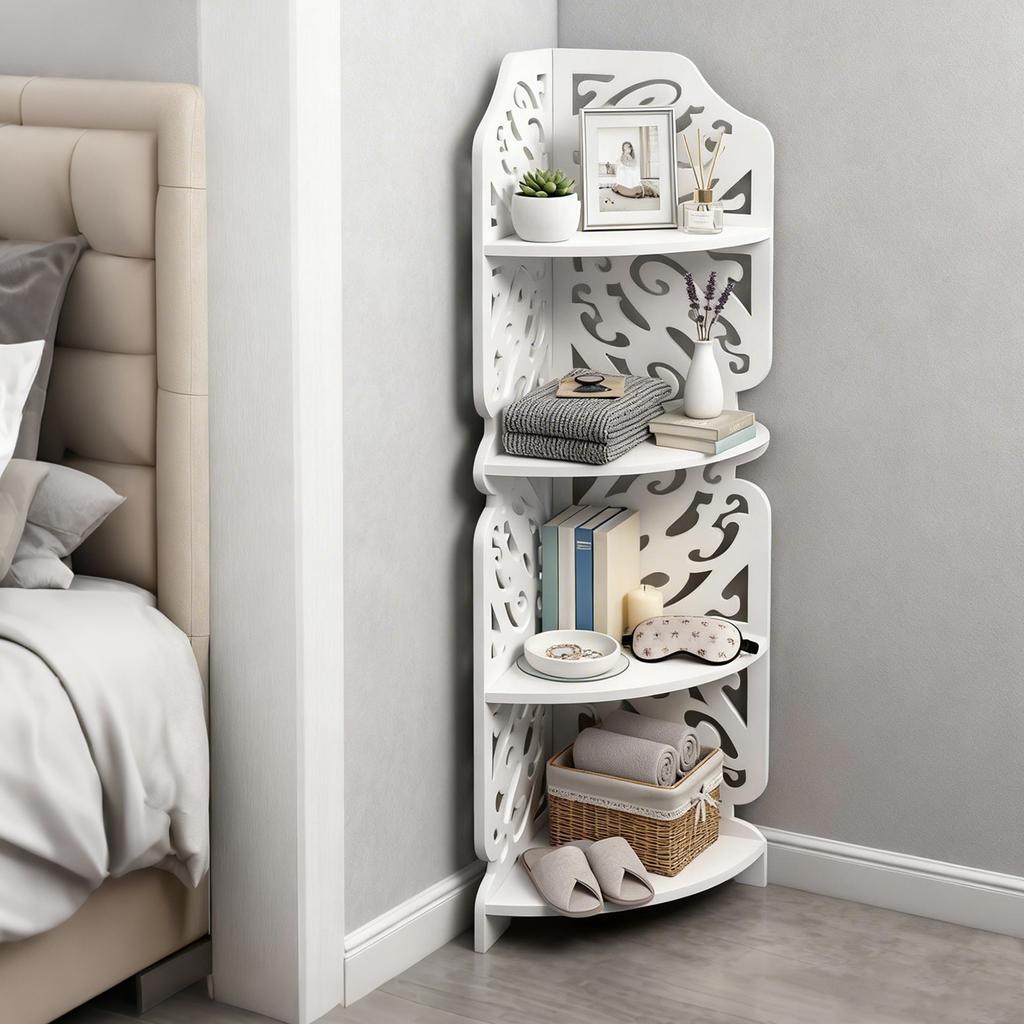 4-Tier Corner Storage Rack – Triangular PVC Shelf Unit for Bathroom, Living Room & Balcony – White