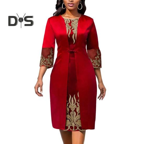 

Женское облегающее платье в стиле ретро с талией и круглым вырезом с рукавами 3/4 и вышивкой, цветочное кружевное платье, уличная одежда 2XL красный