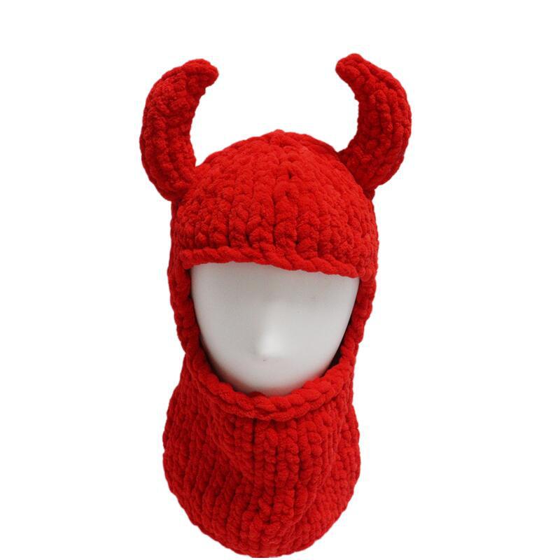 New Hand-Knitted Velvet Rabbit Ear Hat with Devil Horns - Warm, Thick, Sweet, and Stylish Spicy Girl Face Mask
