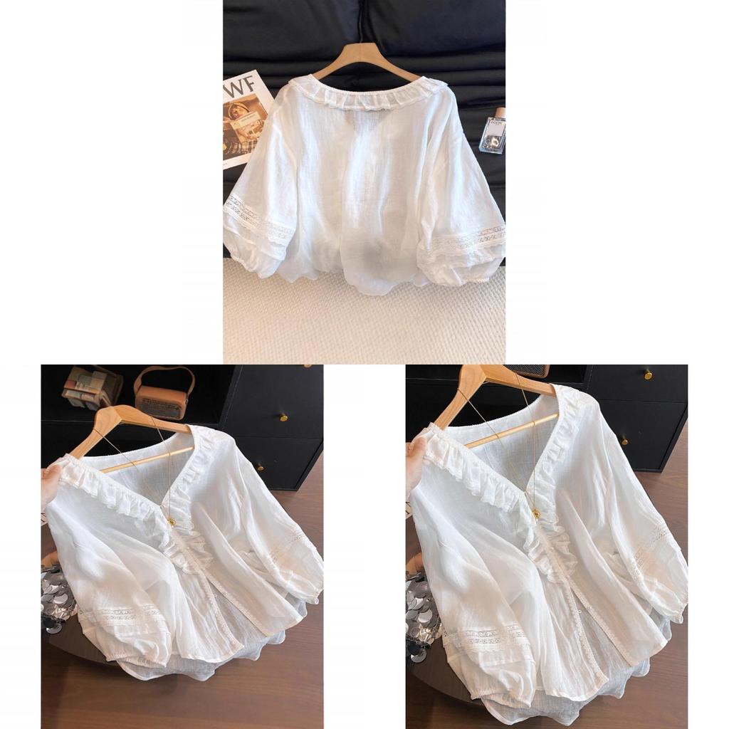 Summer Blouse With Ruffled Lace Trim Vneck Long Sleeve For Women
