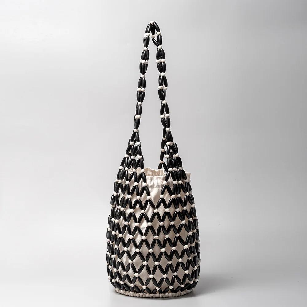 Damen Gewebte Handtasche Sommer Design Ausgeschnitten Holzperlen Tote Beutel Umhängetasche weiblich Gitterförmiges Netzgewebe Canvas Strandhandtasche