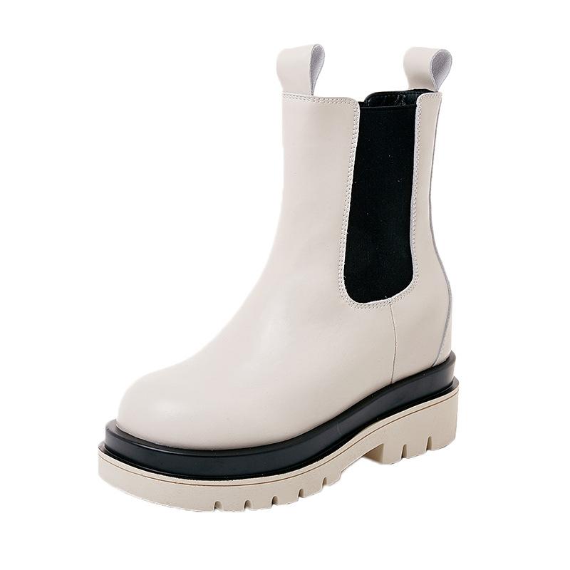 Autumn and Winter Fleece-Lined New Genuine Leather Women's Platform Height Increasing Insole Casual Smoke Pipe Boots Women