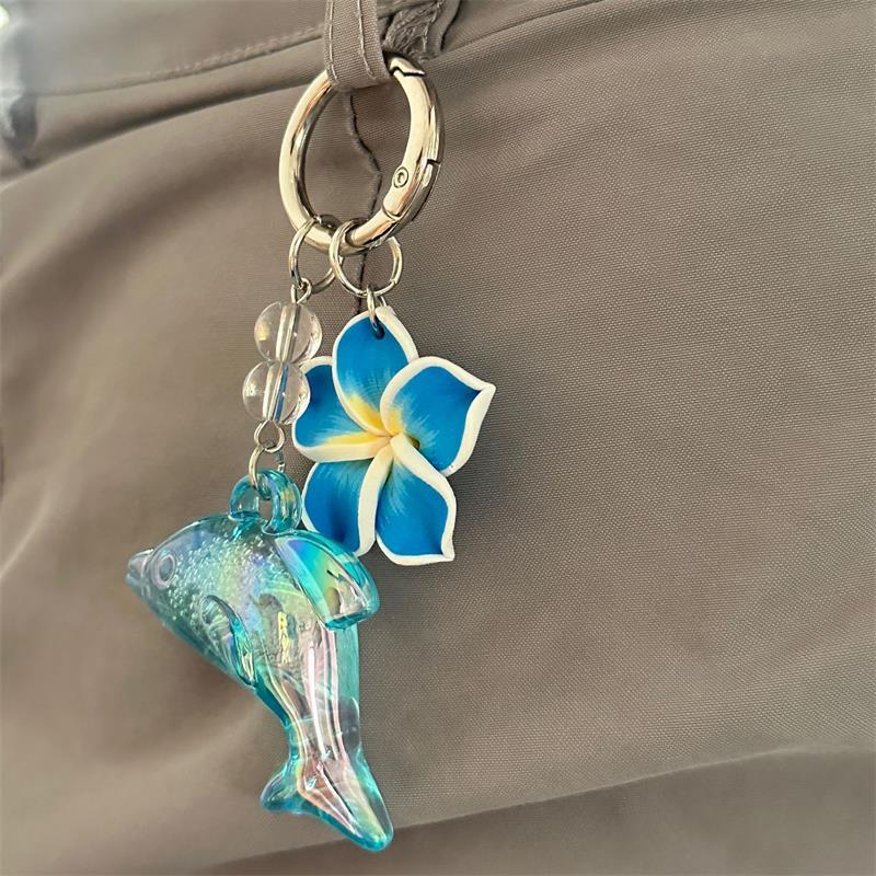 Cute Dolphin Plumeria Flower Keychain Pendant Seaside Holiday Style Phone Chain Girly Backpack Charm Bag Hanging Ornaments Gifts
