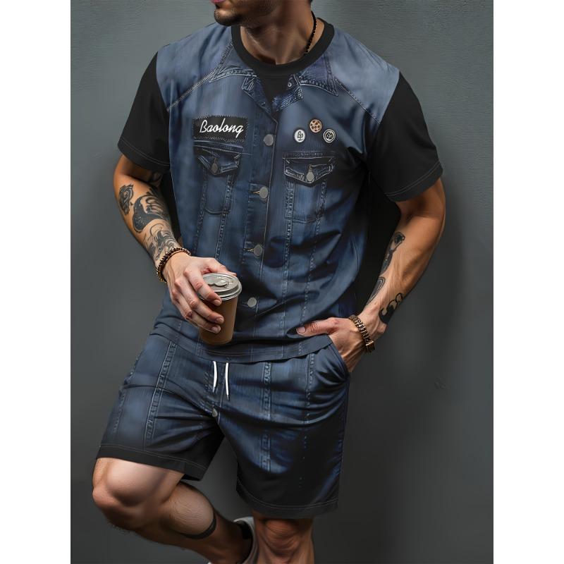 Nuovo Set da Uomo con Ancora Blu Marina T-Shirt Estiva da Esterno & Pantaloncini con Coulisse Set Due Pezzi Abbigliamento Sportivo Casual