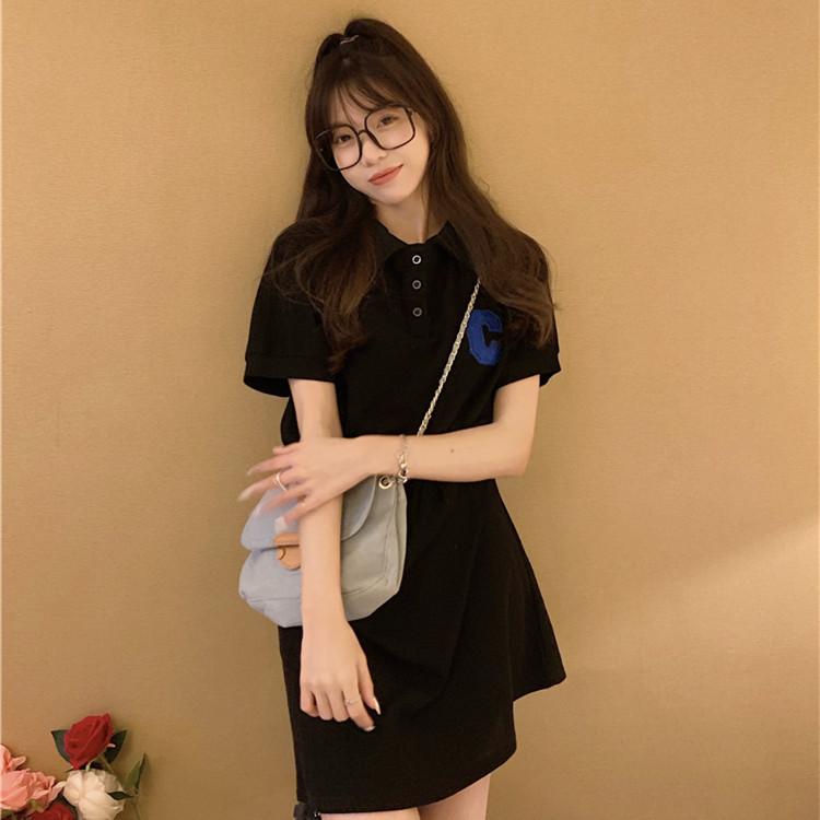 Abito a Maniche Corte Ricamato con Collo Polo Slim Fit Abbigliamento da Donna Estivo Stile College Ampio Linea A Tubino Dritto Moda Abbigliamento da Donna