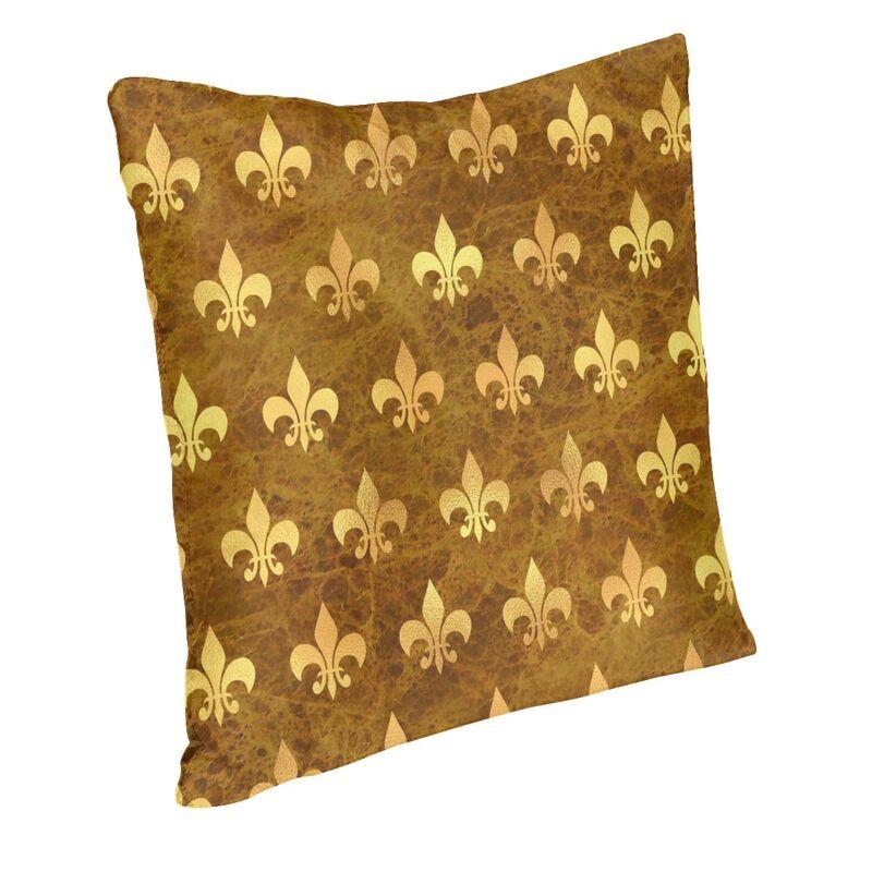 Royal Gold Brown Marble Fleur De Lis Cushion Cover xcm Lily Flower Soft Velvet Luxury Pillow Cases for Sofa