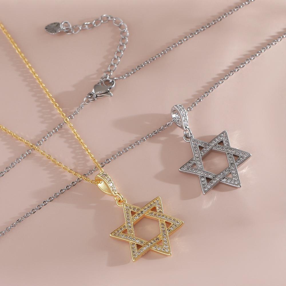 Hip-hop Simple Hollowed-out Full of Zircon Hexagram Pendant Necklace for Women Men Couple Trend Personality Collar Chain Jewelry