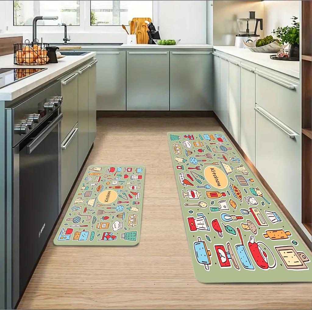 Cartoon Graffiti Knife and Fork Soft Kitchen Non-slip Floor Mat, Kitchen Carpet Mat, Washable Home Decoration Carpet Mat