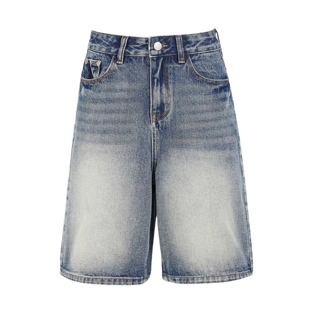 2025 Spring/Summer American Retro High-Waisted Distressed Denim Mid-Length Women's Shorts, Versatile Loose Wide-Leg 5-Point Pants