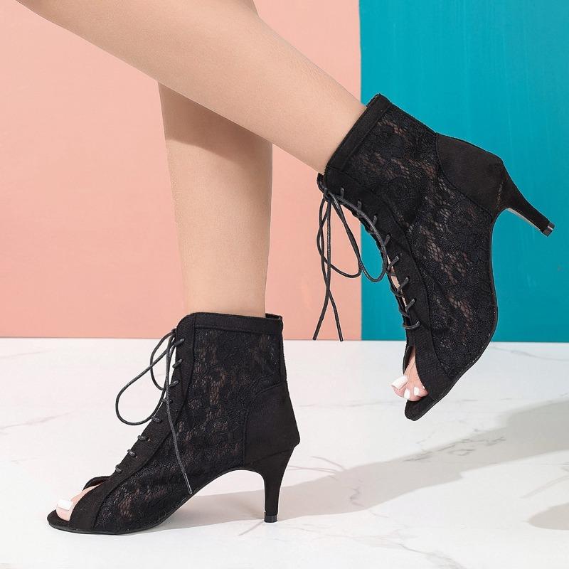 Fish Mouth Stiletto Sandals Summer Open Toe Mesh Breathable Lace-Up Plus Size Non-Slip Wear-Resistant Pumps