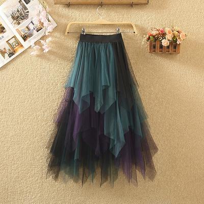 DX~~New Irregular Mesh Skirt, Women's Color Patchwork, Contrasting A-line Skirt, Fluffy Skirt, Gauze Skirt, Mid Length Skirt