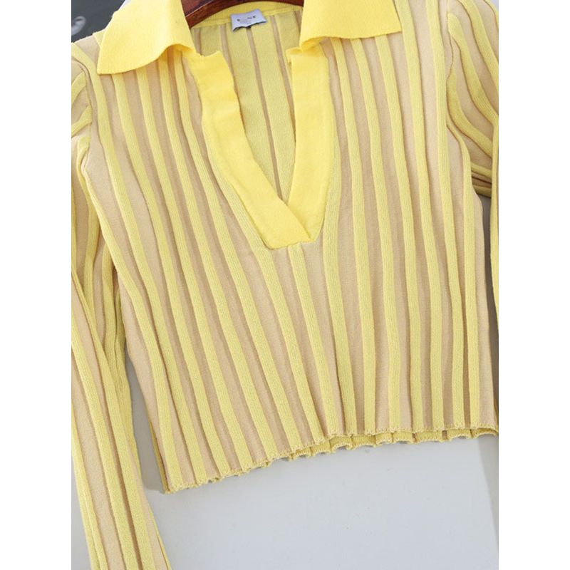 American Lapel Lemon Yellow Long Sleeves Knitwear Big Pit Strip Silm Short Sexy Deep V Pullover Tops