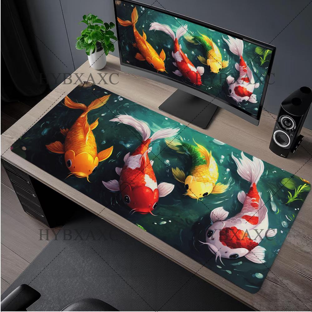 Japanese Desk Mat Black  White Mouse Pad Koi Fish Japan Art Seal Yinyang Fish Large XL Gaming Deskmat Rubber Mousepad X