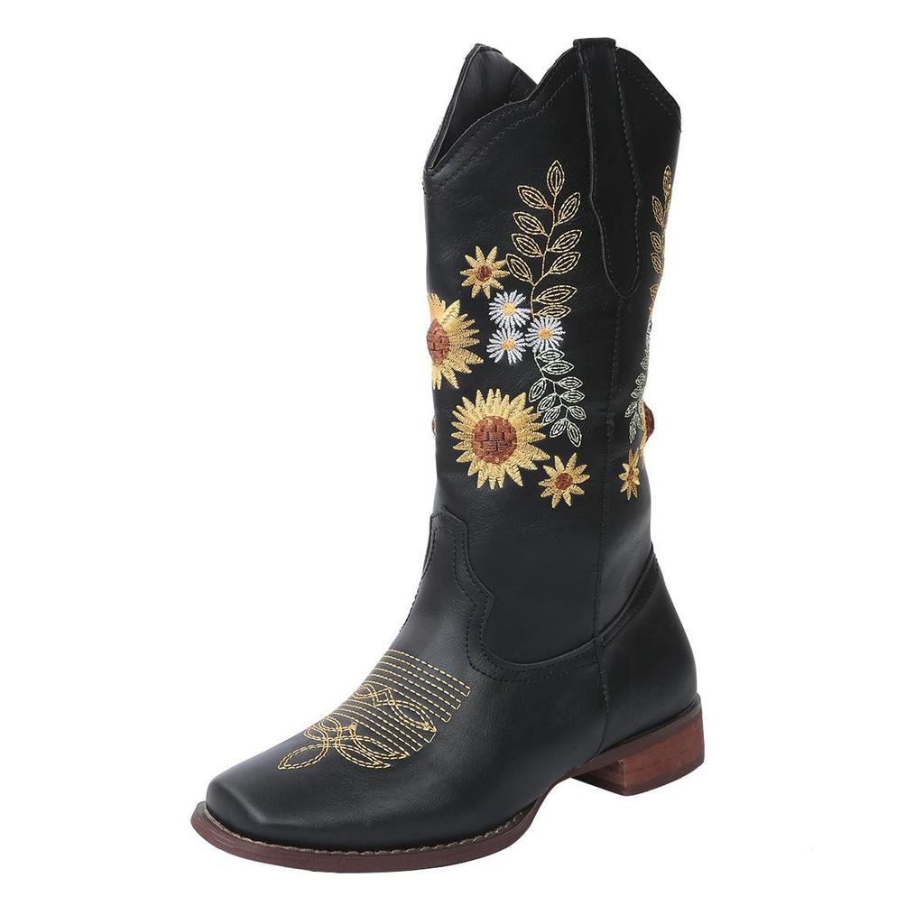 Autumn/Winter 2021 Plus Size Women's Leather Boots with Embroidered Flowers