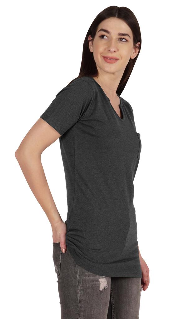 Inkmeso Long Length Notch Neck Top For Women Basic Cotton Tee Shirt w  Pocket Patch Legging