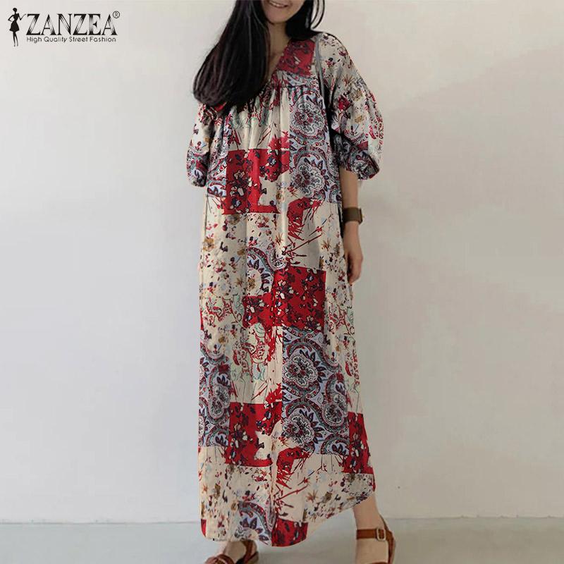 ZANZEA Women Summer Print Casual V-Neck Loose 3/4 Sleeve Long Dress