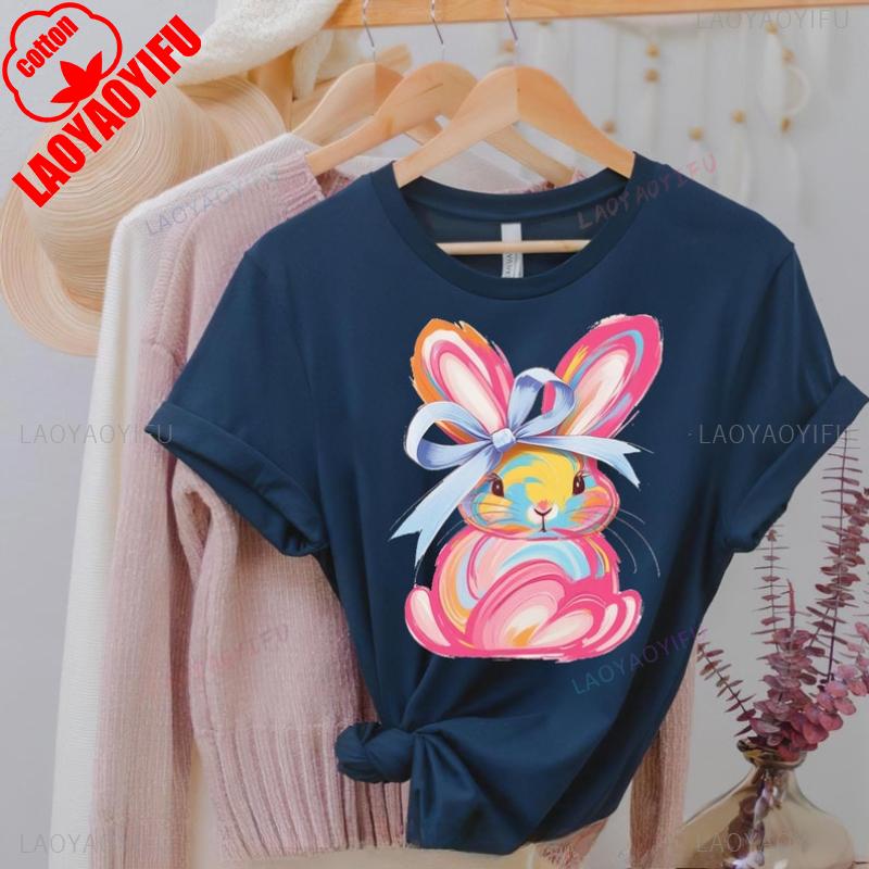 Brushstroke Bunny Easter T Shirt Kawaii Women Short-sleev Tee-shirt Retro Style Streetwear Fashion Casual Cotton Tops Ropa Mujer